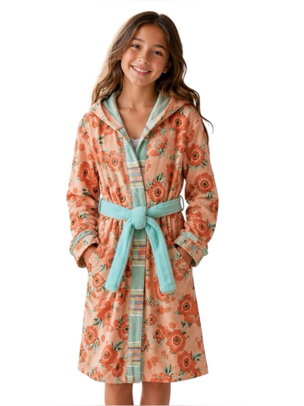 Matilda Jane Summer Showers Floral Hooded Robe Girls XL 16 Coral Terry Robe